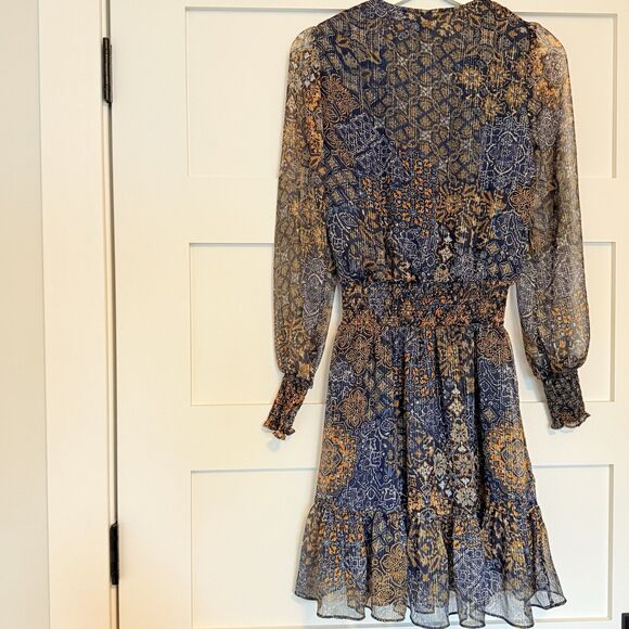 Michael Kors Women's Long Sleeve Midi Dress Navy & Gold Van Gogh Pattern - Picture 2 of 6